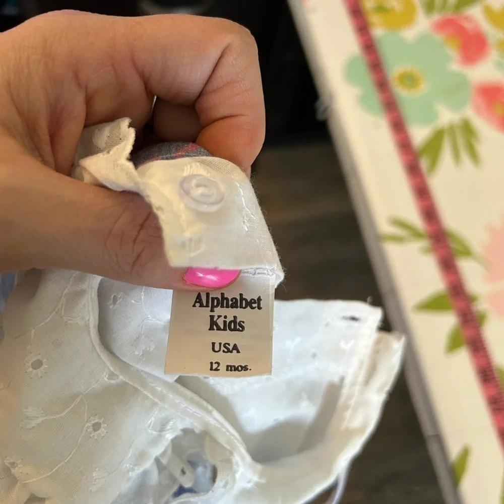 Vintage alphabet, kids jumpsuit with ruffle shirt size 12 months made in the USA